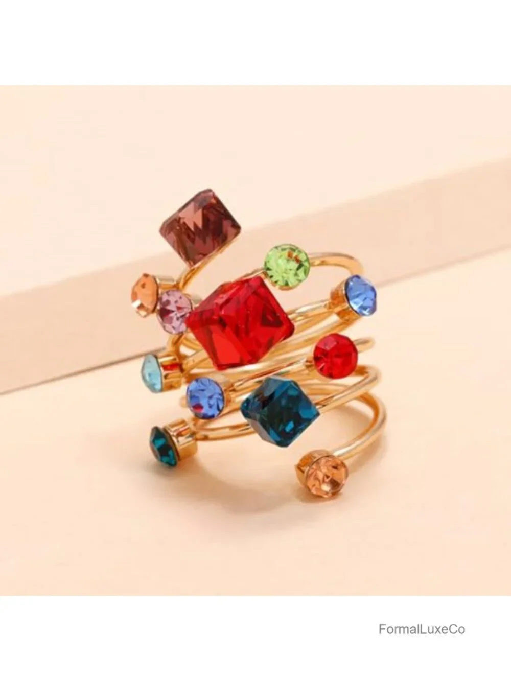 Statement Geometric Cube Crystal Ring for Women Cocktail Rhinestone Gold Jewelry